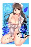  bare_shoulders barefoot black_hair bottomless breast_hold breasts cleavage copyright_request fujisaka_kuuki hat kneeling large_breasts legs no_bra nurse off_shoulder red_eyes smile solo 