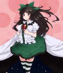  black_wings bow brown_hair cape chiwino eyes green_bow hair_bow kaenbyou_rin kaenbyou_rin_(cat) long_hair looking_at_viewer red_eyes reiuji_utsuho solo striped striped_legwear thighhighs touhou wings zettai_ryouiki 