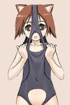  animal_ears ayastyle brown_eyes brown_hair miyafuji_yoshika non-web_source one-piece_swimsuit school_swimsuit school_swimsuit_flap short_hair sketch solo strike_witches swimsuit upside-down wardrobe_error world_witches_series you're_doing_it_wrong 