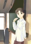  brown_hair chalk chalkboard classroom copyright_request indoors mutou_youshun smile solo tareme window 