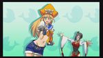  artist_request blazblue blonde_hair blush cosplay denim denim_shorts embarrassed green_eyes guilty_gear hair_ornament lao_jiu litchi_faye_ling midriff multiple_girls noel_vermillion official_art panda pirate shorts 