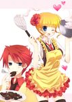  1girl apron bad_id bad_pixiv_id beatrice blonde_hair blue_eyes chocolate cooking heart hinase_haruka one_eye_closed red_hair short_hair thighhighs umineko_no_naku_koro_ni ushiromiya_battler whisk 