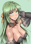  2009 angel_mort bow breasts choker cleavage elbow_gloves gloves green_eyes green_hair hair_bow higurashi_no_naku_koro_ni large_breasts long_hair solo sonozaki_shion zenkou 