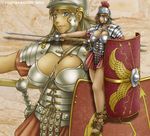  1girl 2003 ancient_rome armor artist_name blonde_hair blue_eyes breasts cleavage_cutout huge_breasts large_breasts legionary long_hair looking_at_viewer lorica_segmentata miniskirt phaia pilum polearm roman sandals scutum shield short_skirt skirt solo spear spunky_knight weapon youhei_kozou zoom_layer 