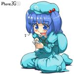  backpack bag blue_eyes blue_hair cellphone full_body hair_bobbles hair_ornament hat iphone ishikkoro kawashiro_nitori phone short_hair smartphone solo touhou twintails two_side_up 
