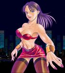  1girl bare_knuckle blaze_fielding blue_eyes breasts cleavage earrings jewelry legs lips lipstick lowres makeup miniskirt nail_polish night outdoors panties pantyshot purple_hair skirt solo streets_of_rage thighhighs underwear white_panties zettai_ryouiki 