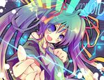  aqua_hair bad_id bad_pixiv_id blue_eyes colorful detached_sleeves fang gradient_hair hair_ribbon hatsune_miku long_hair multicolored_hair necktie purple_hair rarami ribbon smile solo twintails vocaloid 