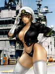  1girl 2003 absurdres aircraft_carrier artist_name bikini_bottom breasts earrings gloves highres huge_breasts jewelry large_breasts looking_at_viewer navy no_bra open_clothes open_shirt outdoors phaia revealing_clothes salute shirt short_hair solo spunky_knight thighhighs warship youhei_kozou 