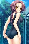  adjusting_clothes adjusting_swimsuit ass braid breasts chain-link_fence fence highres houami_fumiko jpeg_artifacts large_breasts looking_back norita one-piece_swimsuit solo swimsuit utsurigi_nanakoi_tenkiame wet 