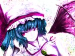  arm_support bat_wings blue_hair brooch gem hat head_tilt highres jewelry looking_at_viewer mob_cap pink_eyes rasha remilia_scarlet short_hair simple_background solo touhou upper_body white_background wings 