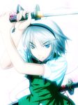  blue_eyes hairband highres hitodama irusu katana konpaku_youmu konpaku_youmu_(ghost) ribbon short_hair silver_hair solo sword touhou weapon 