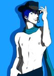  bad_id bad_pixiv_id blue_background blue_eyes blue_hair blue_scarf fedora h. hat headset kaito male_focus scarf shirtless simple_background smile solo vocaloid 
