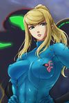  blonde_hair blue_eyes bodysuit breasts covered_nipples hands_on_hips large_breasts long_hair metroid michael ponytail samus_aran shiny shiny_clothes skin_tight solo varia_suit zero_suit 