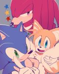  3boys :d animal_nose blue_eyes blush fang fox_boy furry furry_male gloves green_eyes index_finger_raised knuckles_the_echidna looking_at_viewer male_focus misuta710 multiple_boys multiple_tails purple_eyes smile sonic_(series) sonic_the_hedgehog star_(symbol) symbol-only_commentary tail tails_(sonic) two_tails white_gloves 