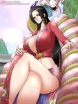  amazon black_eyes black_hair boa_hancock breasts cleavage crossed_legs earrings huge_breasts jewelry long_hair midriff mokusa navel no_bra one_piece salome_(one_piece) sitting snake watermark web_address 