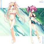  bad_id bad_pixiv_id barefoot bikini bikini_skirt blonde_hair blue_eyes breasts cleavage feet highres koshino_karen large_breasts legs lieselotte_schreiber long_hair long_legs medium_breasts multiple_girls owari_naki_natsu_towa_naru_shirabe pink_hair purple_eyes sayori short_hair side-tie_bikini strap_gap swimsuit translated twintails 