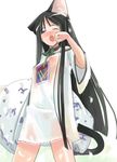  animal_ears black_hair blue_eyes blush cat_ears cat_tail duplicate flat_chest long_hair maruku nipples original pillow see-through solo tail very_long_hair yawning 