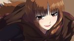  brown_hair eyelashes face fang holo ishikkoro red_eyes smirk solo spice_and_wolf tail 