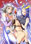  ass back bare_shoulders blue_eyes blue_hair breast_grab breasts cleavage closed_eyes denki_shougun earrings elbow_gloves eyeshadow facial_mark forehead_mark gloves grabbing green_eyes grey_hair hair_ribbon highres hilda_rize horns jewelry kaaya_(vanpri) large_breasts lipstick long_hair lowleg lowleg_panties maaya_(vanpri) makeup multiple_girls panties pointy_ears ribbon short_hair silver_hair thighhighs thong underwear vanguard_princess white_panties 