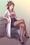  amasaki_aoi bra breasts brown_hair cleavage crossed_legs doctor e20 glasses labcoat large_breasts legs lingerie original pantyhose pencil_skirt sitting skirt sleeves_rolled_up solo underwear 