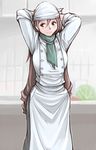  apron arms_behind_head arms_up ascot bandana blush breasts brown_eyes brown_hair cabbage casual chef kitchen large_breasts long_hair older rozen_maiden scarf sleeves_rolled_up smile solo suiseiseki tsuda_nanafushi very_long_hair 