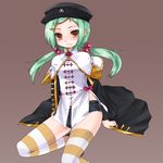  bad_id bad_pixiv_id chinkyuu denim denim_shorts fang green_hair hair_bobbles hair_ornament hat koihime_musou kt2 shorts solo striped striped_legwear thighhighs twintails yellow_eyes 