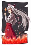  bangs bokuden expressionless fire flame fujiwara_no_mokou grey_background hatching_(texture) index_finger_raised long_hair long_sleeves looking_at_viewer ofuda pants puffy_long_sleeves puffy_sleeves red_eyes simple_background sleeve_garters solo standing suspenders touhou very_long_hair white_hair 