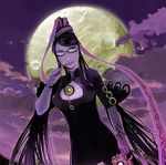  1girl bayonetta bayonetta_(character) black_hair blue_eyes bodysuit breasts candy cleavage cleavage_cutout cloud clouds female full_moon glasses gun hair_bun lollipop long_hair lowres miso_katsu moon night outdoors red_ribbon ribbon sky solo very_long_hair weapon 