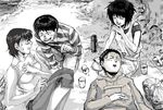  2girls akira bad_id bad_pixiv_id blush couple cup good_end happy hetero kaneda_shoutarou kaori_(akira) kei_(akira) lap_pillow laughing monochrome multiple_boys multiple_girls oekaki shima_tetsuo sleeping spot_color suzuki_tsuta 