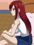  awa breasts brown_eyes crossed_legs earrings erza_scarlet fairy_tail impossible_clothes impossible_shirt jewelry large_breasts long_hair looking_back pleated_skirt profile red_hair shirt sitting skirt sleeveless solo 