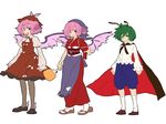  alternate_costume animal_ears antennae bandana cape dual_persona earrings fan flat_color geta green_eyes green_hair hat japanese_clothes jewelry kimono kneehighs matsutani multiple_girls mystia_lorelei obi okamisty pantyhose paper_fan pink_hair sash short_hair simple_background socks tabi time_paradox touhou uchiwa wings wriggle_nightbug 