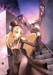  1girl animal_ears bad_id bad_pixiv_id blonde_hair brown_hair cat dress hat highres long_hair original stairs sts top_hat trench_coat yellow_eyes 