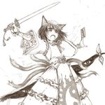  animal_ears cat_ears cat_tail cervus chen commentary earrings eyes fang gap hat jewelry monochrome multiple_tails short_hair solo sword tail touhou weapon 