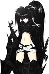  :o armor bad_id bad_pixiv_id belt black_hair black_rock_shooter gauntlets greaves highres huge_weapon insane_black_rock_shooter lang_(chikage36) long_hair loose_belt midriff navel open_mouth purple_eyes scar short_shorts shorts simple_background skull solo standing stitches sword twintails uneven_twintails weapon 