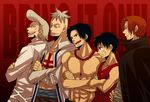  beard facial_hair freckles grin highres honey_bunny jewelry lineup male_focus manly marco monkey_d_luffy multiple_boys muscle necklace one_piece open_clothes open_shirt portgas_d_ace red_background scar shanks shirt shirtless smile tattoo thatch whitebeard_pirates 