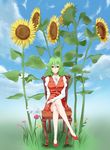  :q bad_id bad_pixiv_id chair crossed_legs day flower green_hair high_heels kazami_yuuka legs red_eyes shoes short_hair sitting skirt skirt_set sky smile solo sunflower tafks tongue tongue_out touhou vest 