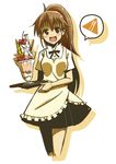  :d apron blush brown_eyes brown_hair cherry chocolate_syrup cowboy_shot cropped_legs food fork fruit ice_cream knife long_hair looking_at_viewer natsuki_tomosuke open_mouth parfait ponytail simple_background skirt smile solo speech_bubble spoken_object strawberry taneshima_popura tray very_long_hair wafer_stick waitress white_background working!! 