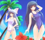  bad_id bad_pixiv_id black_hair blue_eyes competition_swimsuit day flower fujiwara_no_mokou hibiscus houraisan_kaguya long_hair multiple_girls one-piece_swimsuit palm_tree red_eyes school_swimsuit silver_hair sumapan swimsuit touhou tree white_school_swimsuit white_swimsuit 