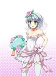  alternate_costume bare_shoulders bouquet breasts bridal_veil bride cleavage contemporary dress flower ghost gloves green_eyes green_hairband hair_flower hair_ornament hairband highres konpaku_youmu konpaku_youmu_(ghost) medium_breasts no_bra ribbon short_hair silver_hair solo sumtj thighhighs touhou veil wedding_dress white_gloves white_legwear zettai_ryouiki 