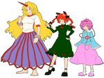  animal_ears barefoot blonde_hair braid cat_ears cuffs extra_ears hair_ribbon hairband hand_on_hip heart horn hoshiguma_yuugi kaenbyou_rin komeiji_satori long_hair mary_janes matsutani multiple_girls pink_eyes pink_hair pointing pointy_ears red_eyes red_hair ribbon shoes slippers touhou twin_braids 