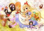  akiyama_mio alice_(wonderland) alice_(wonderland)_(cosplay) alice_in_wonderland animal_ears apron bad_id bad_pixiv_id beamed_eighth_notes black_eyes blonde_hair bunny_ears cheshire_cat cheshire_cat_(cosplay) chibi cosplay crown cup door dress eighth_note hat hirasawa_yui k-on! kotobuki_tsumugi long_hair mad_hatter mad_hatter_(cosplay) metronome minigirl multiple_girls musical_note nakano_azusa nanami_tomorou queen queen_of_hearts queen_of_hearts_(cosplay) saucer sheet_music sixteenth_note sugar_bowl sugar_cube tainaka_ritsu tea_set teacup teapot top_hat treble_clef white_rabbit white_rabbit_(cosplay) 