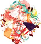  animal_ears animal_hat aqua_hair bad_id bad_pixiv_id bandaid bonnet bunny_ears cake candy chocolate closed_eyes doughnut dual_persona food hat hatsune_miku jelly_bean long_hair lots_of_laugh_(vocaloid) orange_legwear pantyhose pastry skirt striped striped_legwear twintails vertical-striped_legwear vertical_stripes very_long_hair vocaloid yubari 