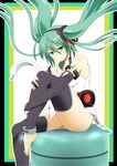  anklet aqua_eyes aqua_hair barefoot belt detached_sleeves elbow_gloves fingerless_gloves gloves hatsune_miku hatsune_miku_(append) jewelry long_hair necktie shin'ya_(nanp) sitting solo thighhighs toeless_legwear twintails vocaloid vocaloid_append zettai_ryouiki 