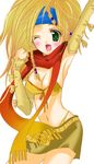 1girl armpits arms_up asukasunao bikini_top blonde_hair blush breasts cleavage detached_sleeves female final_fantasy final_fantasy_x final_fantasy_x-2 green_eyes headband long_hair lowres midriff miniskirt open_mouth rikku scarf skirt solo white_background wink 