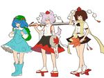  :p animal_ears backpack bag blue_eyes blue_hair boots brown_hair cucumber detached_sleeves fan flat_color geta hair_bobbles hair_ornament hat hauchiwa inubashiri_momiji kawashiro_nitori key matsutani multiple_girls one_eye_closed red_eyes rubber_boots salute scarf shameimaru_aya shield short_hair silver_hair skirt sword tabi tail tengu-geta tokin_hat tongue tongue_out touhou weapon wolf_ears wolf_tail 