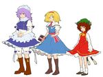  alice_margatroid animal_ears blonde_hair bloomers blue_eyes book boots brown_eyes brown_hair cat_ears cat_tail chen earrings hairband hat jewelry knee_boots letty_whiterock matsutani multiple_girls multiple_tails purple_eyes purple_hair ribbon short_hair tail touhou underwear 