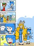  (9) +++ 3girls 4koma animal_ears blue_eyes bow cat_ears cat_tail chen cirno comic dress finnish fox_tail frog hair_bow hands_in_opposite_sleeves hat ice multiple_girls multiple_tails open_mouth setz smile sweatdrop symbol-shaped_pupils tail touhou translated wings yakumo_ran 
