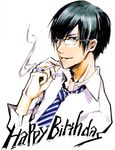  ballpoint_pen_(medium) black_hair cigarette collarbone eski glasses green_eyes hair_over_one_eye hands happy_birthday izumi_gaku male_focus marker_(medium) necktie school_uniform smoking solo traditional_media yankee-kun_to_megane-chan 