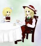  alice_margatroid alice_margatroid_(pc-98) alternate_costume belt blonde_hair blue_eyes book chair cross cup dolls_in_pseudo_paradise hat jacket_girl_(dipp) long_sleeves loose_belt multiple_girls oota_jun'ya_(style) parody ribbon short_sleeves style_parody table tablecloth teacup touhou touhou_(pc-98) 