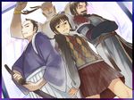  abarenbou_shogun akizuki_ritsuko antlers border boromir brown_eyes brown_hair crossover facial_hair glasses idolmaster idolmaster_(classic) inu_(aerodog) katana lord_of_the_rings matsudaira_ken mob_strike multiple_boys mustache sento-kun sword weapon 